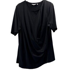 Chicos Women's Top Size Large Solid Black Faux Wrap Gathered Round Neck Stretch